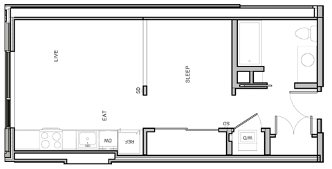 A floor plan of a room with a living area, kitchen, and bathroom.